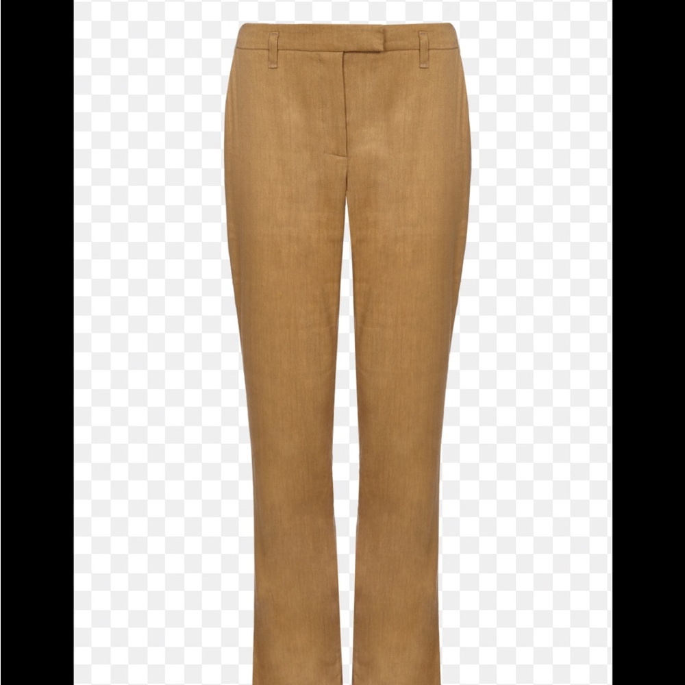 Arje Roth Stretch Tan Linen Silk Blend Trouser Pants with Ankle Detail